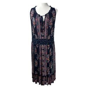 Bila Maxi Dress Blue Keyhole Tie Neck Sleeveless Floral Smocked Waist Pull on XL